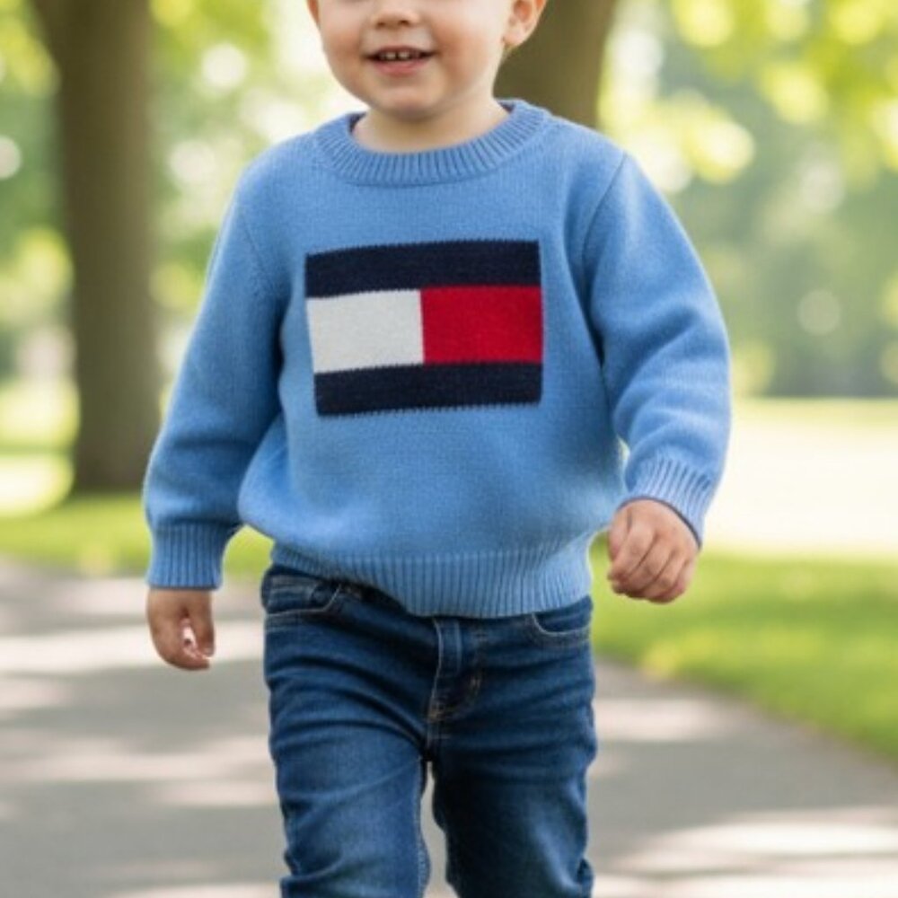 Vintage Tommy Hilfiger Blue Knit Flag Logo Pullover Sweater size 2T